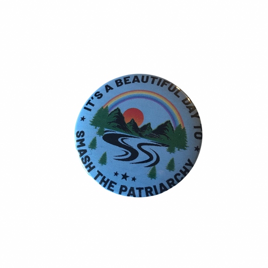 Smash The Patriarchy Mountains round pin - blue